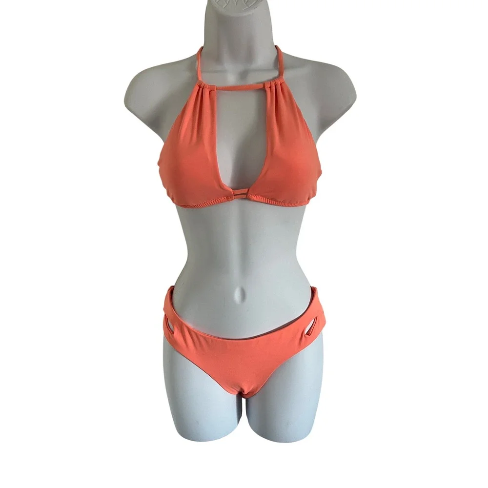 BECCA Coral High Neck Keyhole‎ Cutout Bikini Set
